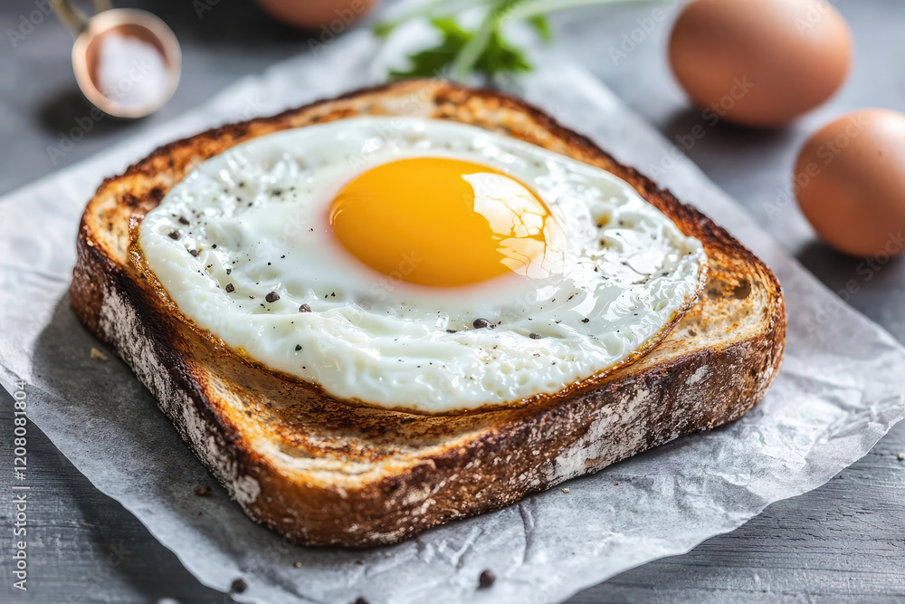 Fried egg served on toasted bread slice, garnished with herbs. Perfect for breakfast or brunch, showcasing vibrant colors and delicious texture. Fried egg served on toasted bread slice, garnished with herbs. Perfect for breakfast or brunch, showcasing vibrant colors and delicious texture.
