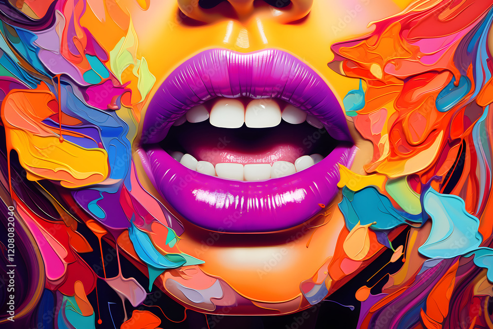 Obraz premium Woman's mouth with colorful lips and a smile in the style of psychedelic pop art poster