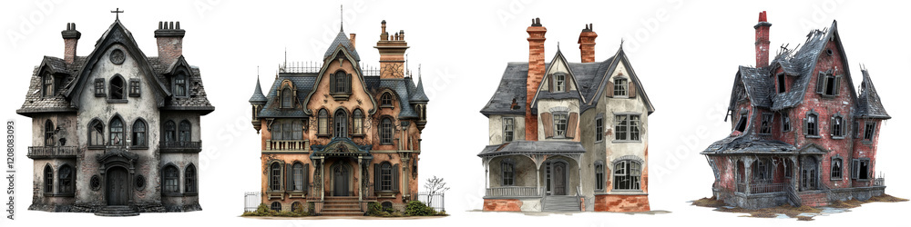 Collection of haunted mansion with crooked chimneys and broken shutters isolated on a transparent background Collection of haunted mansion with crooked chimneys and broken shutters isolated on a transparent background