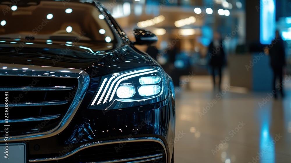 Luxury Car Headlights Gleaming in Showroom Luxury Car Headlights Gleaming in Showroom