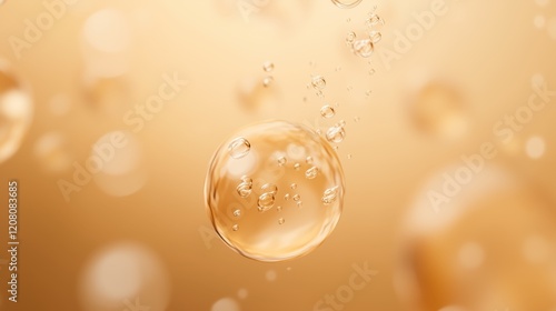 Close-up of a glowing golden bubble, warm reflections, soft gradient backdrop, smooth textures, skin-brightening formula concept.