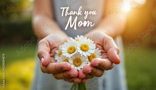 Person holding a bouquet of daisies with 