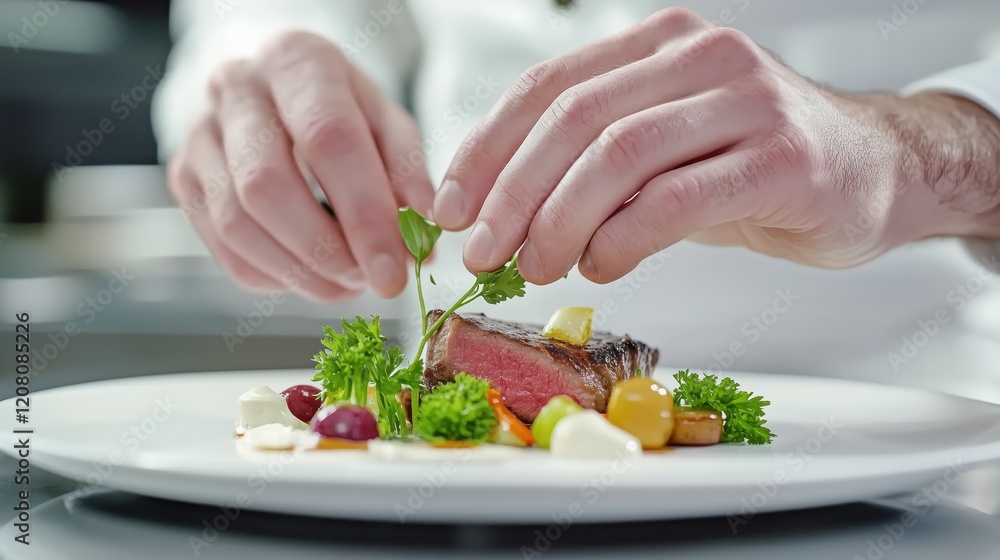 A chef delicately places parsley sprigs atop a perfectly grilled steak, adding a vibrant green touch to the plate’s colorful vegetables. A chef delicately places parsley sprigs atop a perfectly grilled steak, adding a vibrant green touch to the plate’s colorful vegetables.