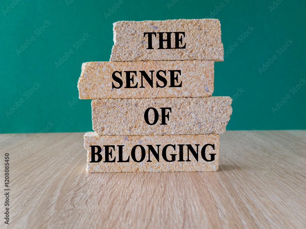 The sense of belonging symbol. Concept words The sense of belonging on beautiful brick blocks. Beautiful green background, wooden table. Business and the sense of belonging concept.