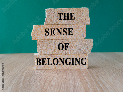 Obraz na płótnie The sense of belonging symbol. Concept words The sense of belonging on beautiful brick blocks. Beautiful green background, wooden table. Business and the sense of belonging concept. w salonie