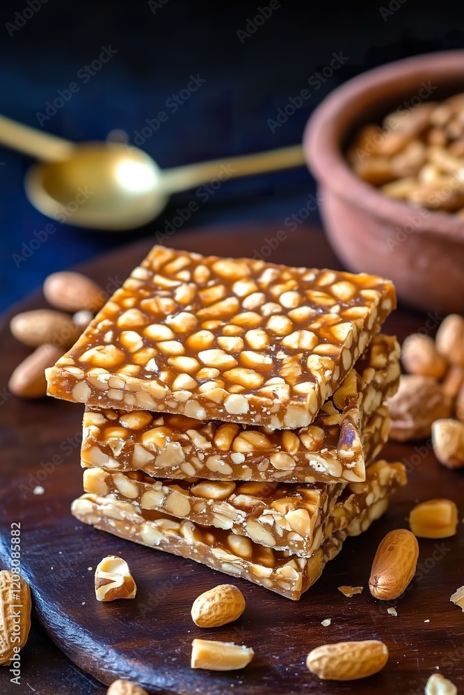 Fototapeta premium Golden Peanut Chikki with Glossy Caramel Coating and Rustic Styling on a Wooden Board
