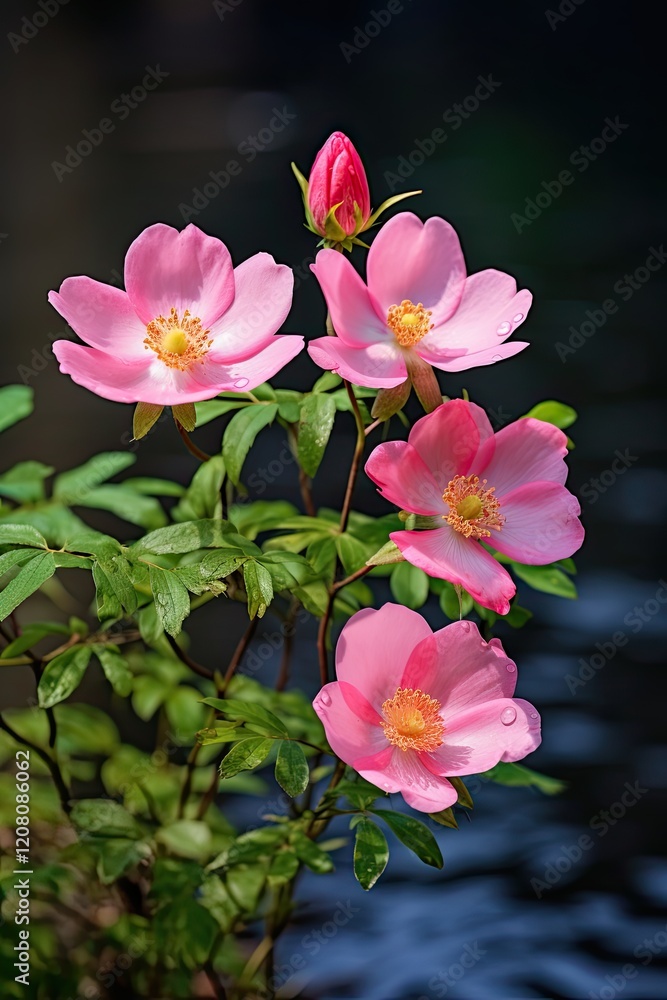 Obraz premium California Wild Rose Garden: Beautiful Vertical Shot with Selective Focus of Rose Blossoms and Lush Foliage in Nature