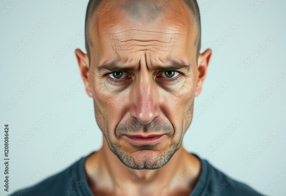 Bald man with worn expression and signs of stress Bald man with worn expression and signs of stress
