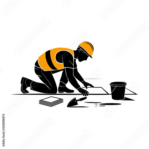 Construction worker laying tiles, silhouette illustration.