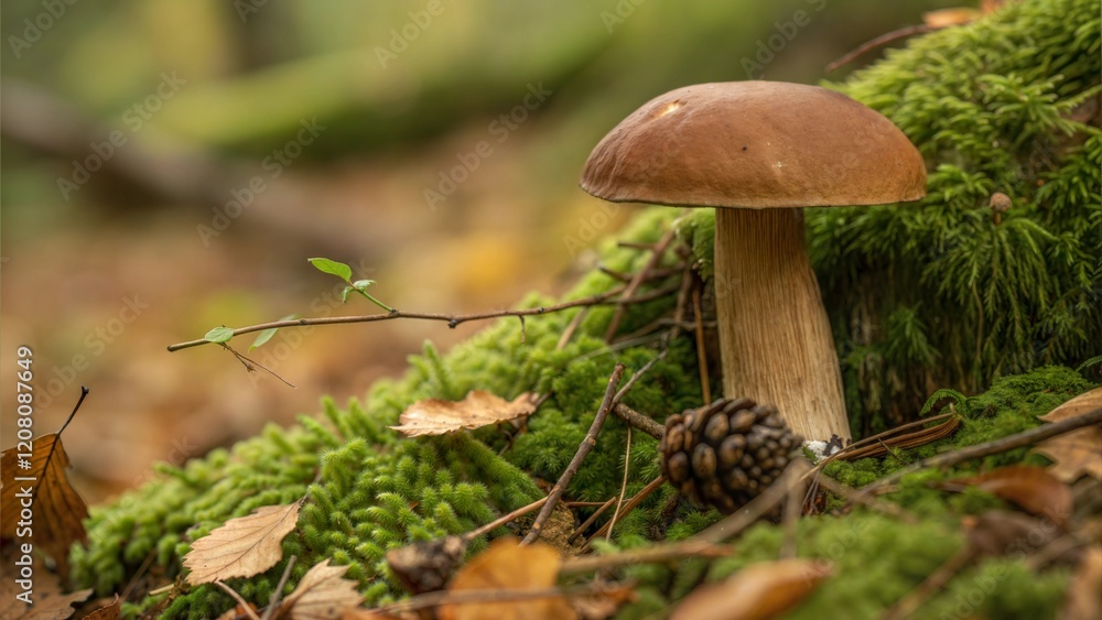 Mushroom in forest, earthy and natural, surrounded by moss and fallen leaves, autumn scenery, copy space Mushroom in forest, earthy and natural, surrounded by moss and fallen leaves, autumn scenery, copy space