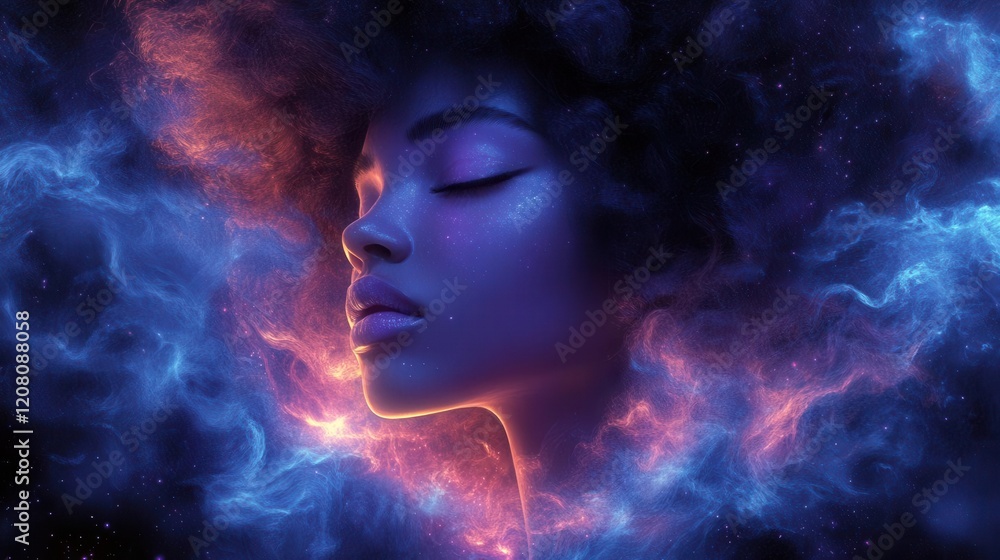 a mysterious woman with luminous iridescent curls floating ethereally against a deep cosmos background her features serene and otherworldly rendered in celestial purples and blues a mysterious woman with luminous iridescent curls floating ethereally against a deep cosmos background her features serene and otherworldly rendered in celestial purples and blues