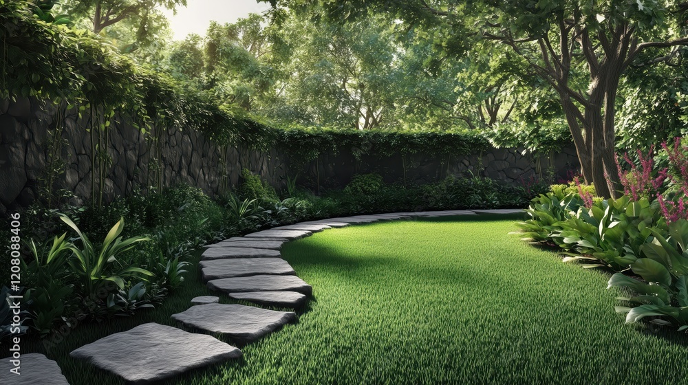 The soft, green lawn flows between the neatly arranged stone edge and the lush garden beds, highlighting a seamless blend of natural textures. The soft, green lawn flows between the neatly arranged stone edge and the lush garden beds, highlighting a seamless blend of natural textures.
