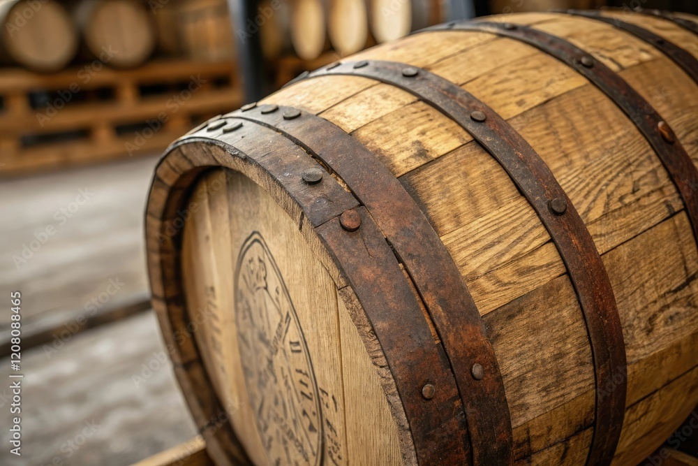 Close-up of a single bourbon barrel with intricate woodgrain, barrel production, wooden crates, fermentation, rickhouse Close-up of a single bourbon barrel with intricate woodgrain, barrel production, wooden crates, fermentation, rickhouse