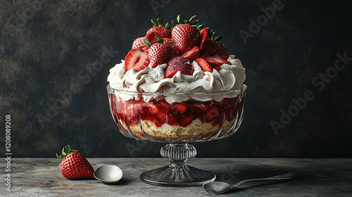 Strawberry cream cake. Cake with red berries and bisé in a beautiful vase on a black background. photo