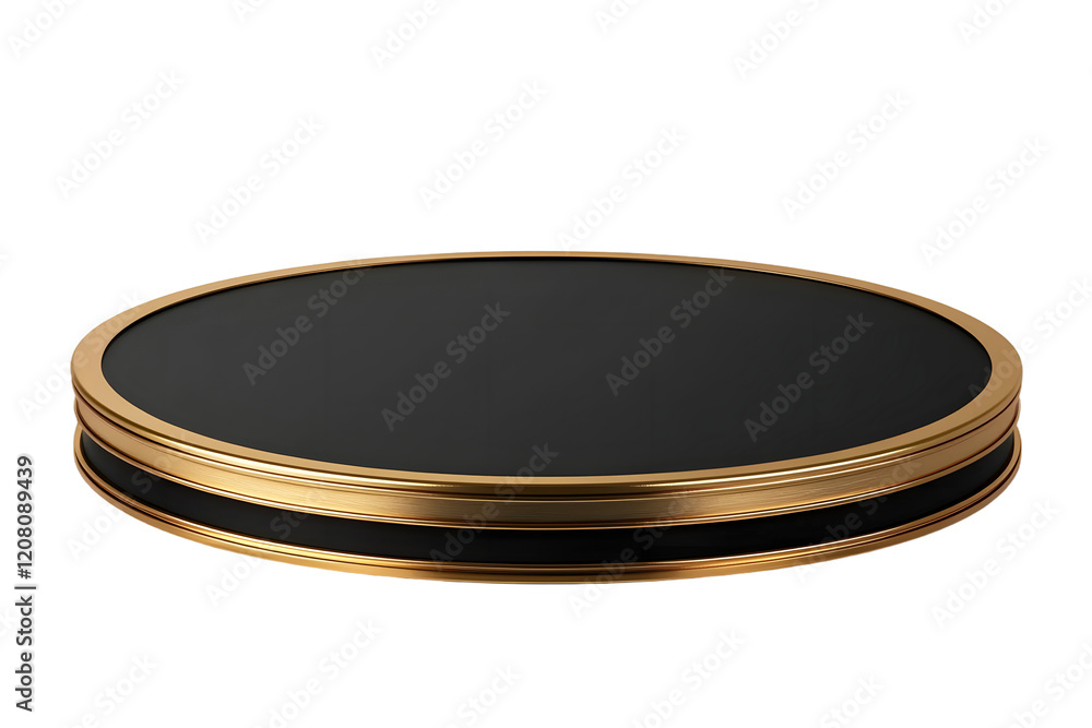 Elegant round display stand with a black surface and gold rim presentation podium cut out transparent isolated PNG Elegant round display stand with a black surface and gold rim presentation podium cut out transparent isolated PNG