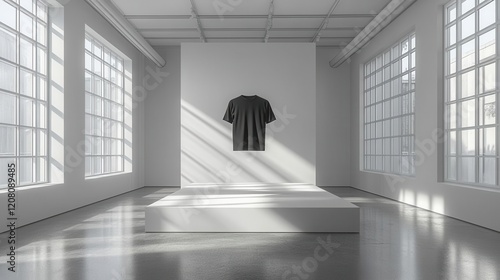 a pristine whitewalled gallery space with minimalist black tshirt suspended casting subtle shadows perfect for mockup designs photo