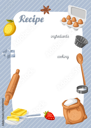 Background with bakery utensils. Cooking tools for home and recipe items.