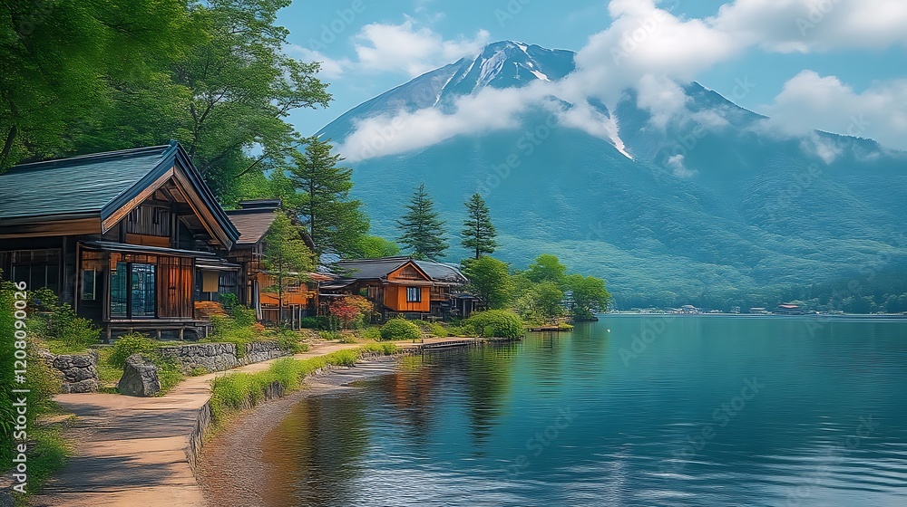 Fototapeta premium Japanese Lakeside Houses Mountain View Serenity