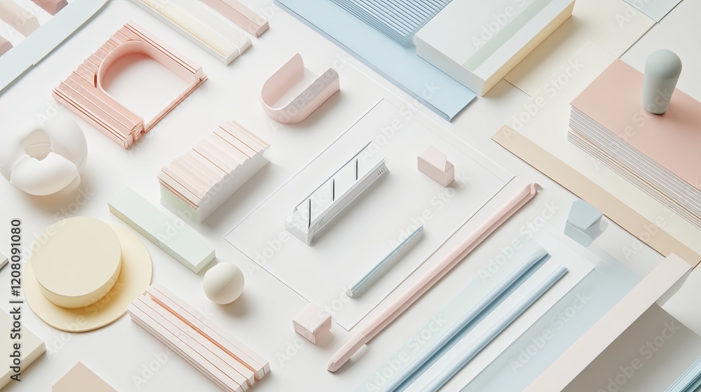 A modern flat lay of office supplies in pastel colors, styled on a white surface A modern flat lay of office supplies in pastel colors, styled on a white surface