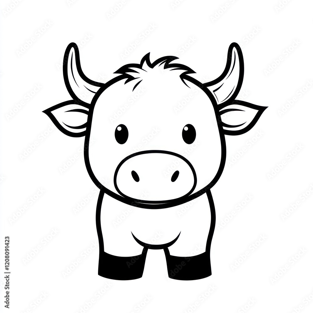 Black and white cartoon drawing of a bull standing isolated on white background, for children's books Black and white cartoon drawing of a bull standing isolated on white background, for children's books