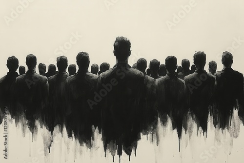 black and white sketch of a crowd depicted in silhouette with their backs to the viewer enhanced with brush strokes and fine lines creating a sense of anonymity and unity among the masses