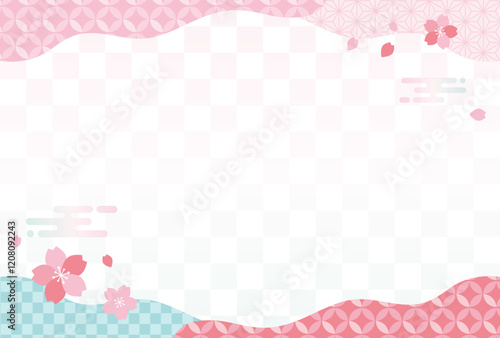 春の和柄　桜の舞うポップな背景 市松模様	