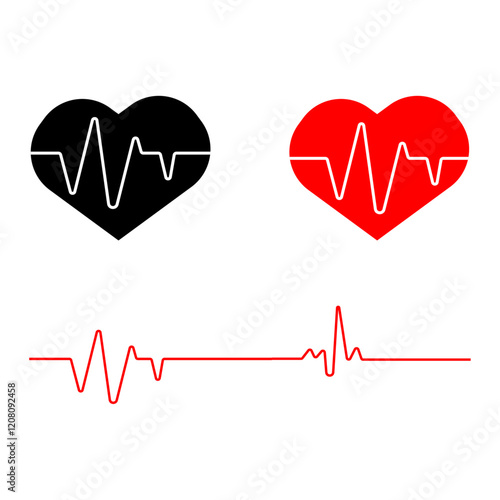 Heartbeat line with heart shape, one red plus in pulse, cardio rate, electrocardiogram or ECG,healthcare design icon