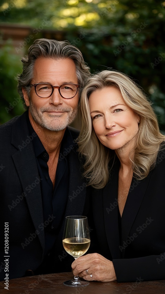 Couple enjoying a cozy moment together outside on a sunny day, with glasses of wine in hand, radiating warmth and connection in a beautiful garden setting Couple enjoying a cozy moment together outside on a sunny day, with glasses of wine in hand, radiating warmth and connection in a beautiful garden setting