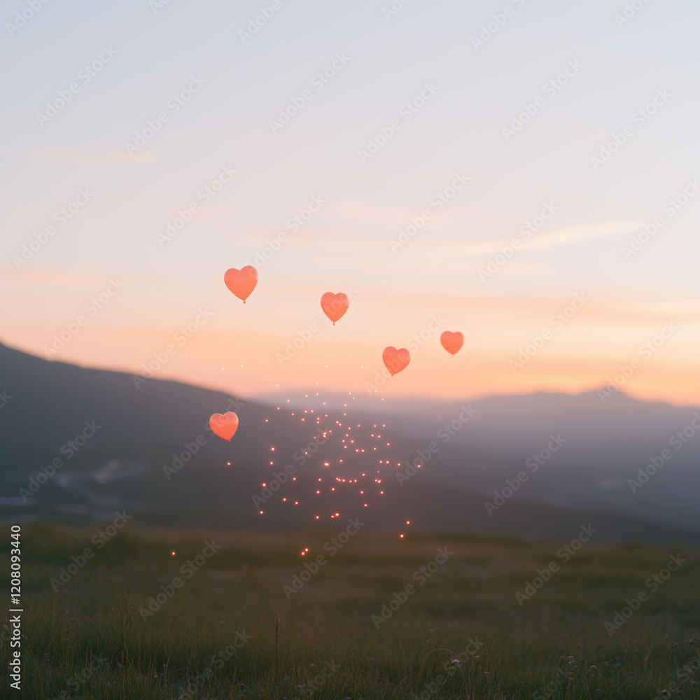 Fototapeta premium A field with heart-shaped red balloons against sunset