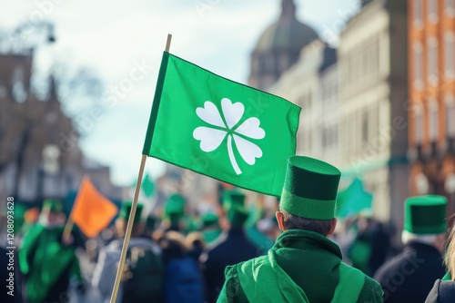 Crowd celebrating with green flags during festive parade in Dublin on St. Patrick's Day filled with joy and tradition photo