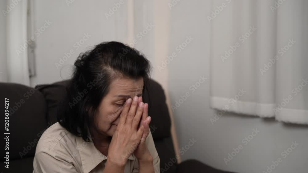 Sad Elderly woman thinking about problems sitting on a sofa upset Middle age Asian woman feeling lonely and sad from bad relationship or Depressed woman disorder mental health Sad Elderly woman thinking about problems sitting on a sofa upset Middle age Asian woman feeling lonely and sad from bad relationship or Depressed woman disorder mental health