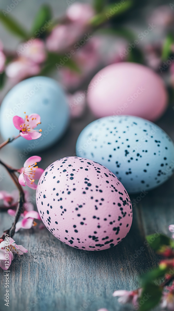 Obraz premium Speckled pastel Easter eggs with cherry blossoms on a rustic wooden surface, symbolizing spring and holiday celebration.