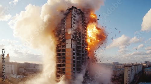 The tall brick structure crumbles in a precisely orchestrated collapse, dust billowing as the controlled demolition takes effect.