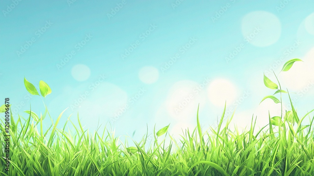 Fototapeta premium Vibrant Green Grass Under a Clear Sunny Blue Sky in Spring