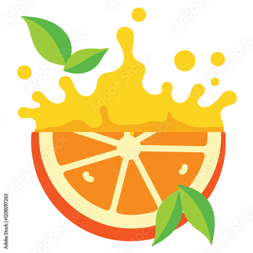 A cheerful and colorful vector graphic of a juicy orange slice with a splash of orange juice radiating outwards