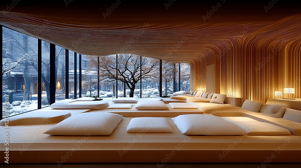 Fototapeta premium Tranquil Wooden Relaxation Space with Snowy View