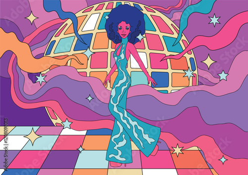 retro style, disco dance illustration, bright vibrant colors, dancing woman