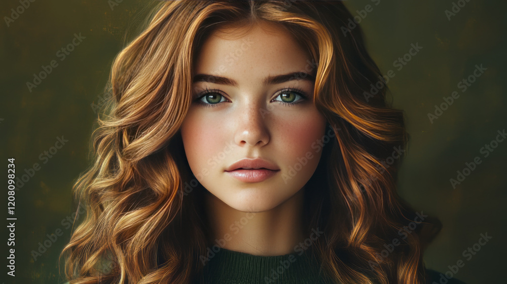 Fototapeta premium young woman with soft caramel highlights in her wavy hair, glowing fair skin, and ice-blue eyes,