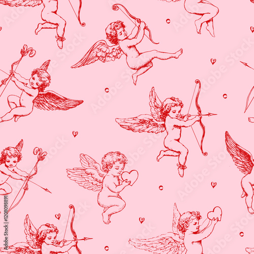 Cute vintage pink cupid seamless vector pattern