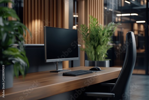 Wallpaper Mural Modern office workspace with computer monitor, keyboard, and plants on a wooden desk. Corporate work environment Torontodigital.ca