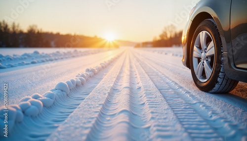 Wallpaper Mural Tire leaving tracks on snowy road at sunset, winter solitude Torontodigital.ca