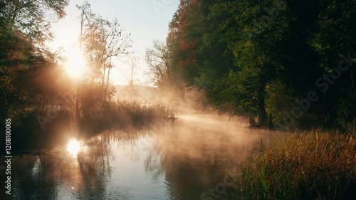  Beautiful sunrise on a foggy autumn morning over the small creek.