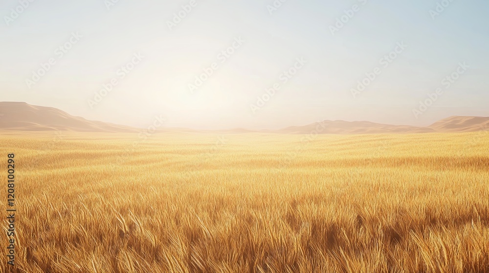 A peaceful sunrise over a golden wheat field with a soft breeze and clear skies A peaceful sunrise over a golden wheat field with a soft breeze and clear skies