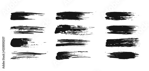 Dry brush strokes silhouette set isolated on white background. Ink stripes grunge texture.