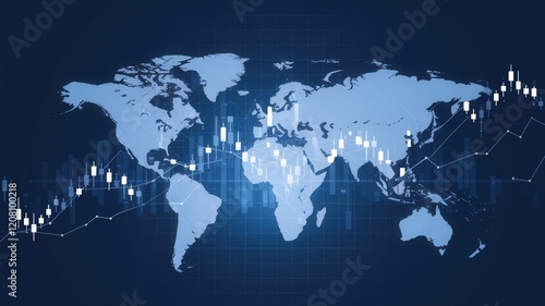 Fototapeta Naklejka Na Ścianę i Meble -  World Map with Candlestick Charts and Growth Lines
