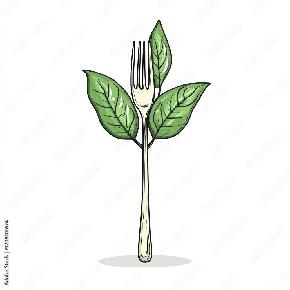 Green leaves sprout from a fork, simple design for food ads or nature concepts Green leaves sprout from a fork, simple design for food ads or nature concepts