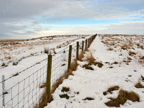 Snow-covered landscape with a winding fence under a blue sky. photo