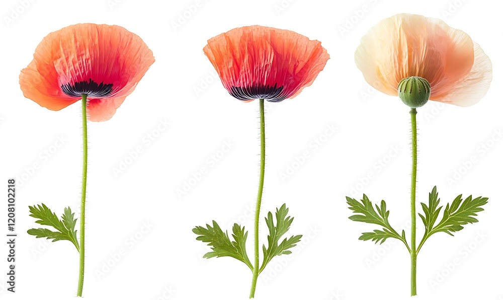Obraz premium Three poppy flowers in various stages of bloom, from bud to full bloom, isolated on a white background. ,