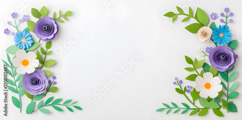 Framework for congratulation with different colored blossoms flowers, in paper cut style