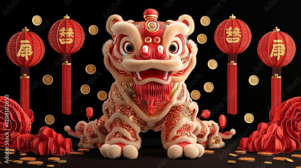 Fototapeta premium A vibrant lion dance statue adorned with traditional decorations.
